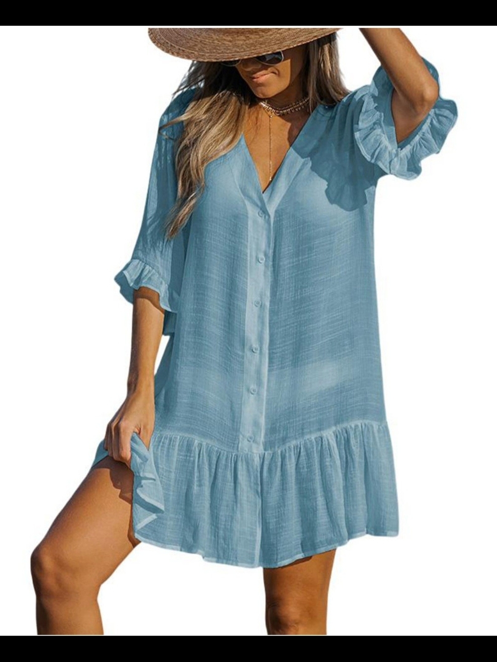 Cupshe Dusty Blue V-Neck Button Tunic Beach Cover-up
